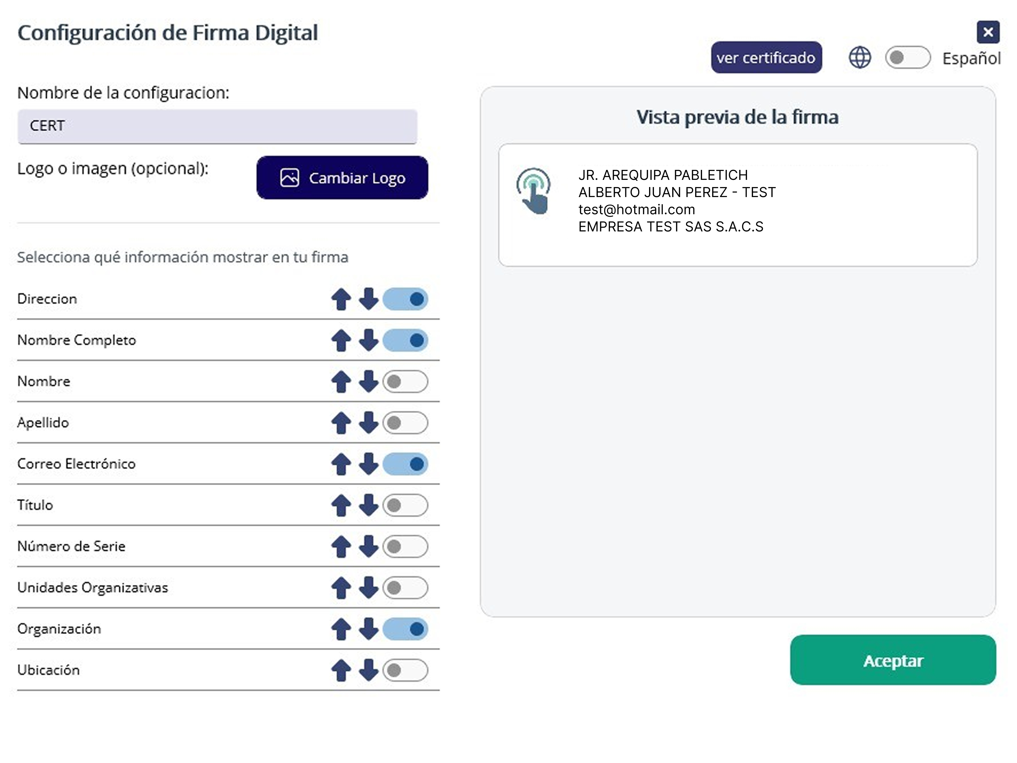 Ejemplo de personalización de firma digital